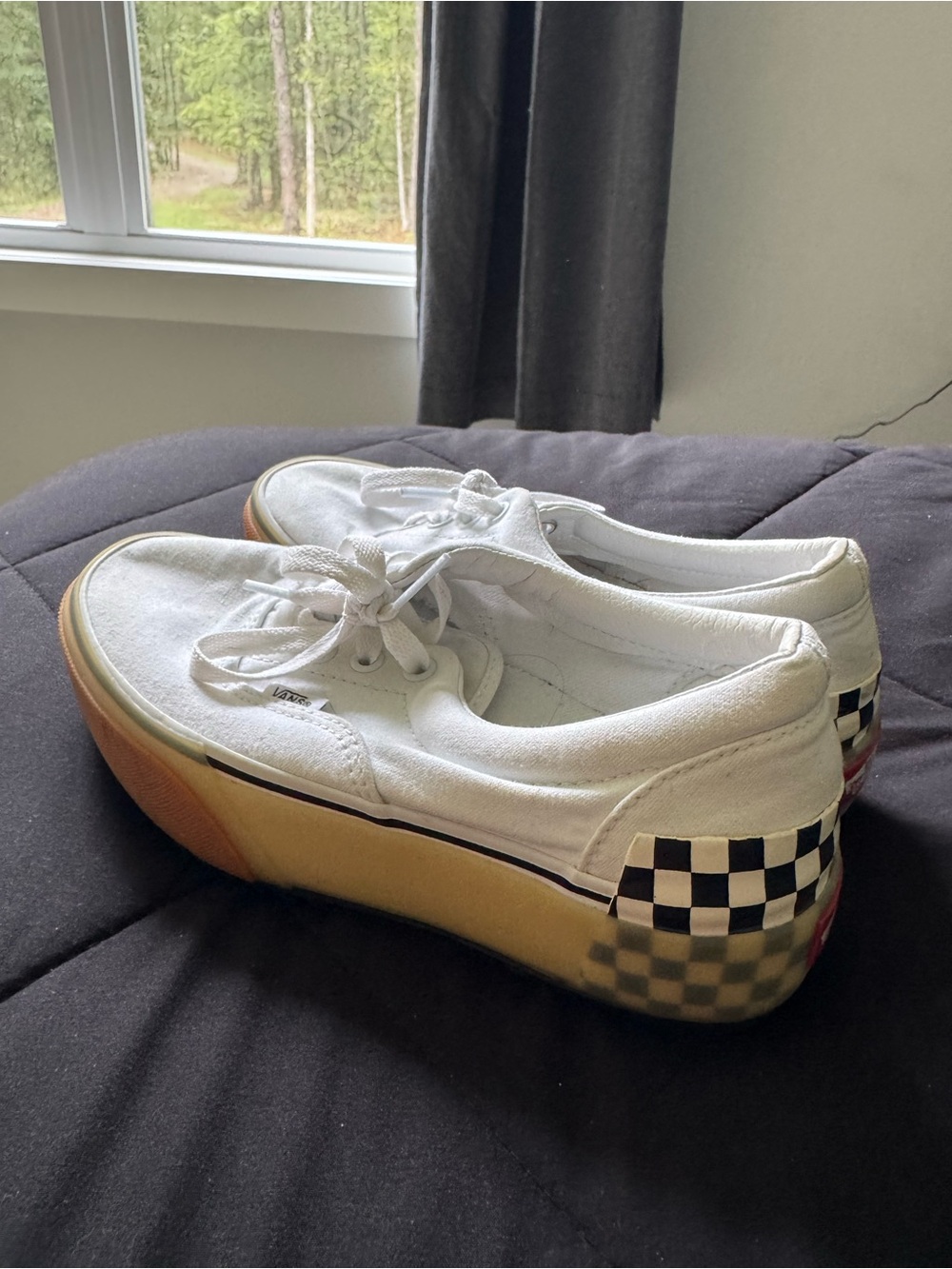 Vans White Canvas Platform Sneakers with Checker Heel 5.5 men 7 women